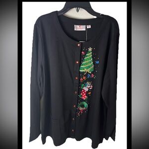 NWT Quacker Factory Black Long Sleeve Snap Front Christmas Cardigan Top XL